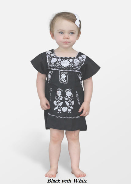 Embroidered Youth Dress: Solid White Embroidery 0 / Blue w/ White