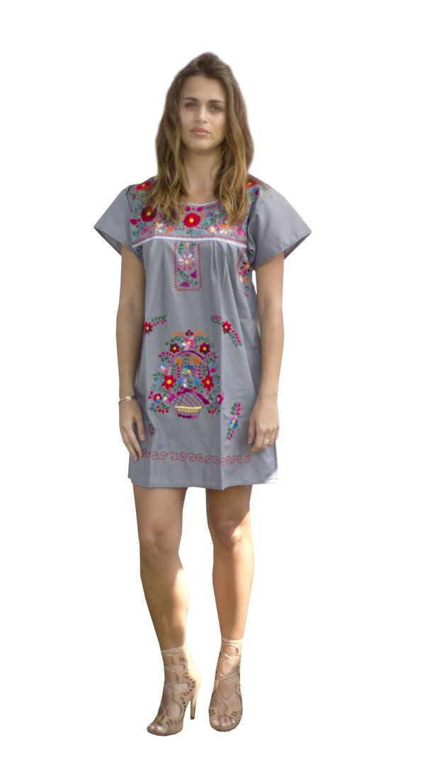 short mexican dresses Mexican Dress Puebla Short with Tan Embroidery Mini Dress