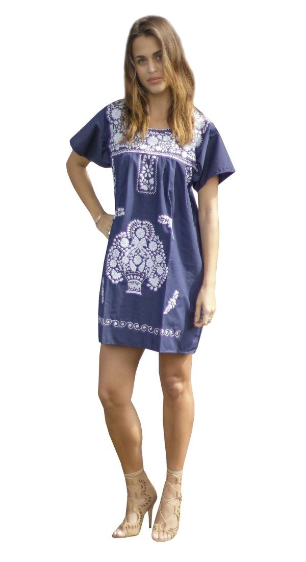 Mini Dress- Solid White Embroidery Medium / Navy Blue Mini Dress- Solid White Embroidery Medium / Navy Blue