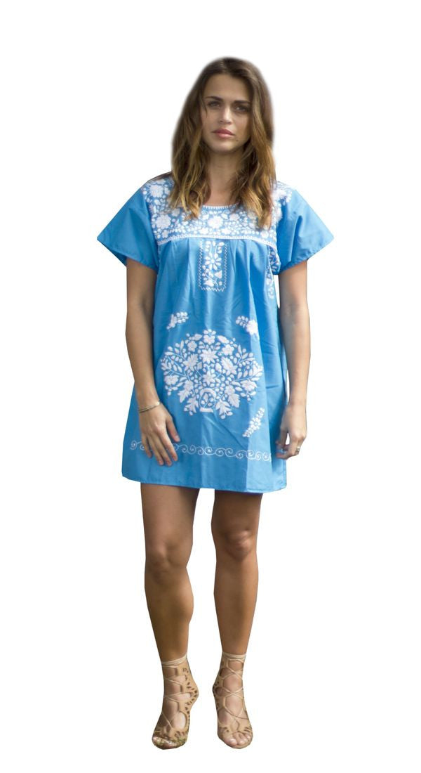 mexican embroidered mini dress Mexican Dress Puebla Short Mini Summer Dress | For Women Sizes S-XL | Multi Color Hand Embroidery Navy Blue (Size: Small)