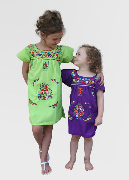Embroidered Youth Dress: Lime & Purple - Del Mex - 1