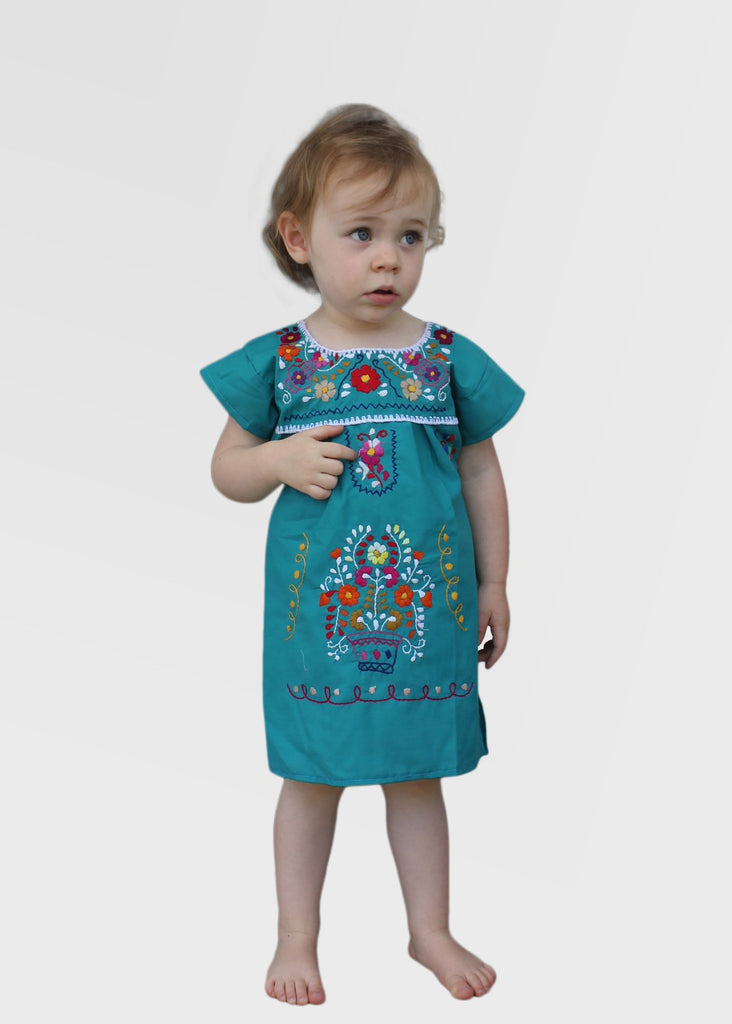 Embroidered Youth Dress: Teal - Del Mex - 1